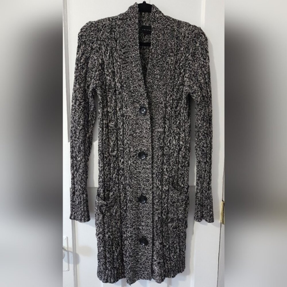 Tribal Button Front Long Sleeve Knit Cardigan Black White Sz M